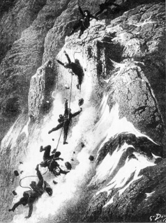 Hadow slips and falls during the descent, and the rope between Lord Douglas and Peter Taugwalder, who tries to hold them, breaks.